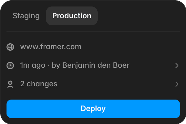 Framer staging interface for previewing site changes before publishing